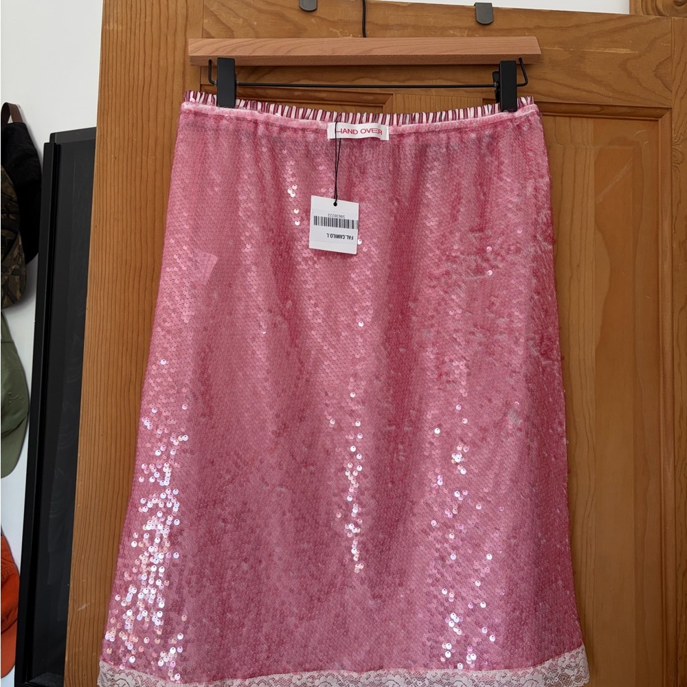 Hand Over Pink Sequin Midi Skirt